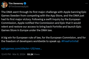 Epic庆祝苹果逆转课程并承诺还原其iOS开发人员帐户：'我们计划推出Epic Games商店并将Fortnite带回iOS，庆祝“大胜利”。