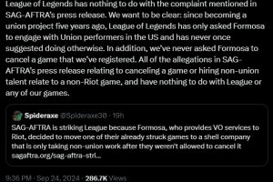 随着SAG-AFTRA的反i录音演员罢工延伸到英雄联盟，Riot坚持认为这只是在交火中被抓住